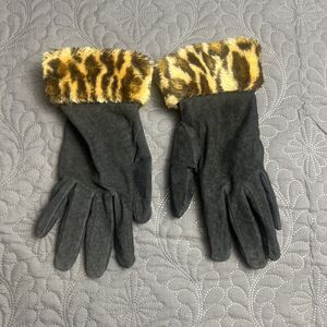 Genuine Black Suede Leather Gloves Lappered Cheetah Print Trim SZ L Old Money